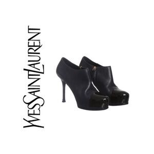 Yves Saint Laurent Tribute Black Leather Cap-Toe Platform Ankle Booties